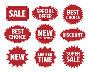 A collection of red sale and discount labels and badges is displayed against a white background.