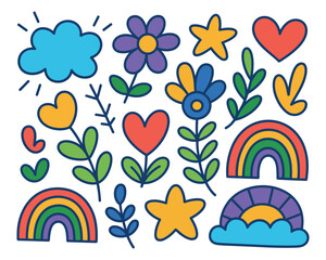 A collection of simple, colorful doodle elements including clouds, flowers, hearts, and rainbows.