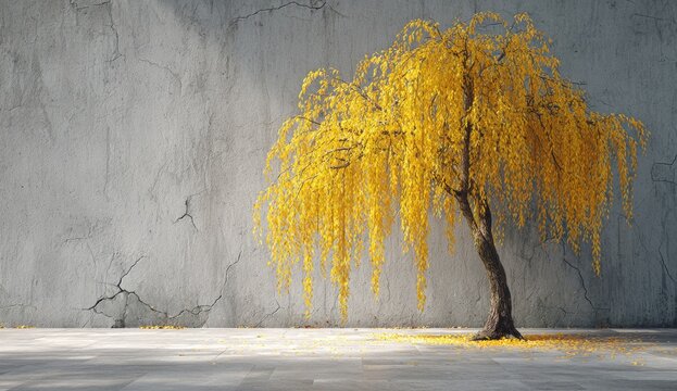Golden weeping willow against a textured, cracked concrete wall