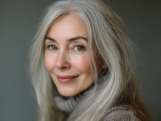 Fototapeta premium Smiling woman with long gray hair wearing a knitted sweater, looking at the camera. She has a gentle expression and bright eyes, with a few strands of hair falling loosely around her face