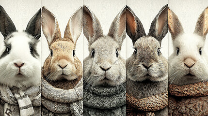 Five rabbits each wearing a scarf, positioned side by side.