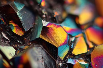 An intricate close-up of iridescent hexagonal crystals displaying vibrant hues of orange, blue, and purple, creating a mesmerizing pattern of colors and reflections