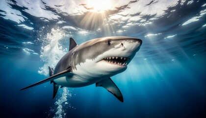 Great White Shark Swimming in Blue Ocean Water with Sun Rays.