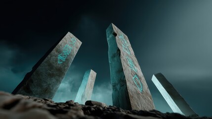 Ancient Stone Monuments with Mysterious Carvings against Dark Sky