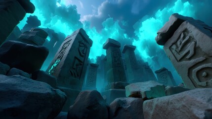 Mystical Stone Monuments Under Dramatic Cloudy Sky at Twilight