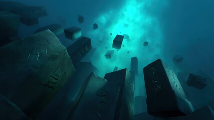Mysterious Underwater Ruins with Engraved Stones and Ethereal Light