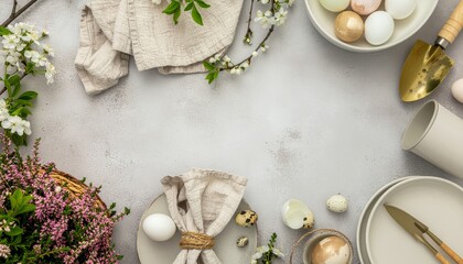 Easter Table Setting with Eggs and Spring Flowers.
