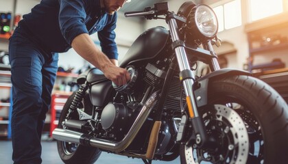 Mechanic working on a motorcycle in a garage.
