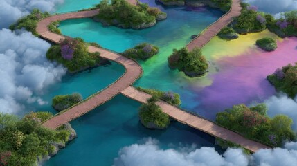 Tranquil Pathways Through Colorful Dreamlike Waterscape Scene