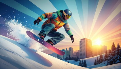 Dynamic Snowboarder Carving Down a Mountain Slope at Sunset.