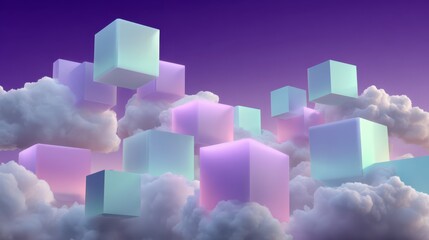 Abstract Futuristic Clouds with Floating Geometric Light Cubes