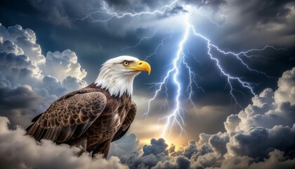 Majestic Bald Eagle Amidst a Powerful Lightning Storm in the Clouds.