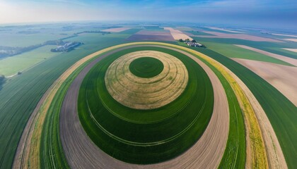 Aerial View of Circular Crop Fields and Agricultural Landscape.