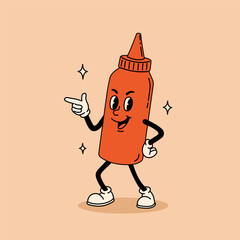 Ketchup, tomato sauce. Groovy fast food character in retro style. Food design. Vector vintage illustration. Nostalgia for the 70s, 80s, 90s. 