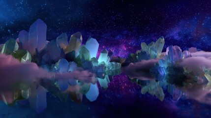 Mystical Landscape of Colorful Crystals Under Starry Night Sky