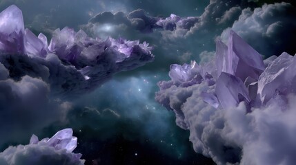 Ethereal Landscape with Amethyst Crystals Floating in Cosmic Space