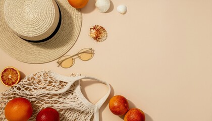 Summer Flat Lay with Hat Sunglasses and Fresh Fruit.
