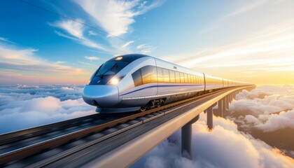 High Speed Train Journey Above the Clouds at Sunset.