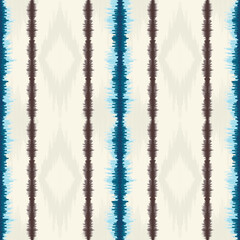 Ethnic ikat blue and brown dye yarns weaving seamless pattern. Vector hand drawn craftsmanship embroidery bohemian, abstract strip vertical line geographic art fabric ikat textile material design 