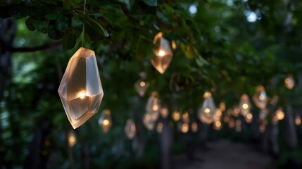 Ethereal Hanging Lights Among Lush Greenery in a Forest Pathway