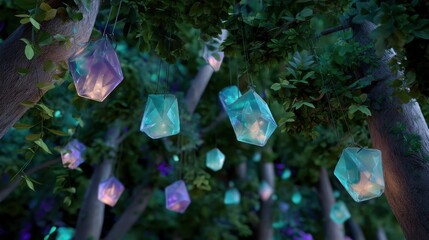 Enchanted Forest with Glowing Geometric Lanterns Hanging from Trees