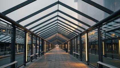 Modern Glass Walkway Connecting Buildings with Geometric Design.