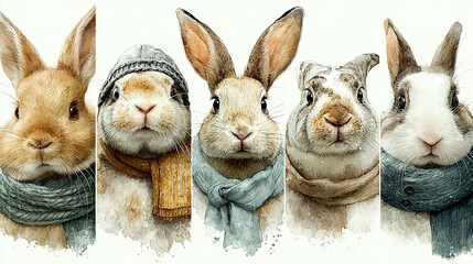Five anthropomorphized rabbits with distinct clothing and accessories, facing forward.