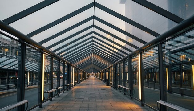 Modern Glass Walkway Connecting Buildings with Geometric Design. - Powered by Adobe