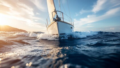 Sailboat Navigating Choppy Ocean Waters at Sunset.