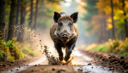 Wild Boar Running Through Muddy Forest Path During Autumn.