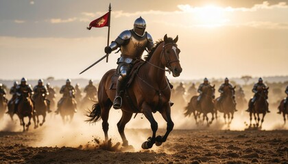 Medieval Knight Leading Cavalry Charge at Sunset.