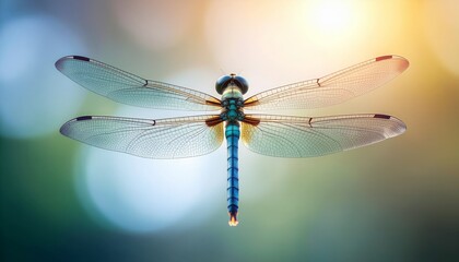 Close-up of a beautiful blue dragonfly with transparent wings against a soft, colorful background.
