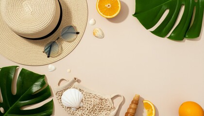 Summer vacation essentials flat lay with hat, sunglasses, and tropical leaves.