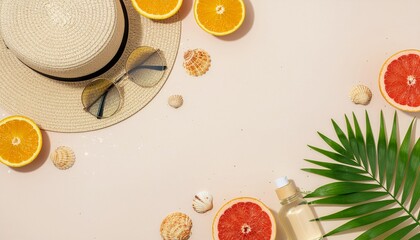 Summer vacation flat lay with hat, sunglasses, citrus fruits, and palm leaf on a light background.
