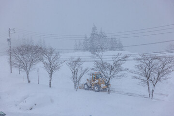 積雪した道路で行われる早朝の除雪作業