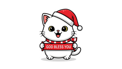 White Cat with Santa Hat and God Bless You Sign.