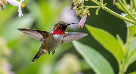 Naklejka premium Rufous hummingbird sips nectar from a delicate purple flower in verdant foliage