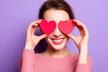 Woman standing her smile confidence cheerful cheery girl holding in hands two red heart symbol cards closing eyes isolated white background, Asian happy portrait beautiful young female valentine.