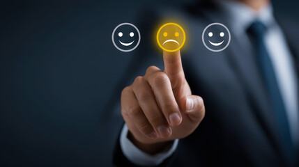 Person touching virtual screen with happy and sad . symbols for customer service experience review.