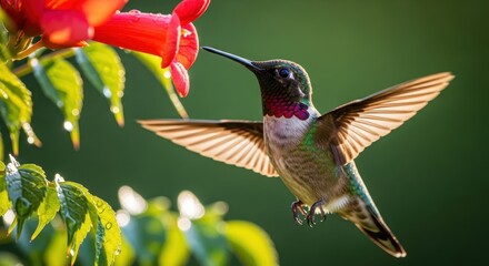 Naklejka premium Ruby-Throated Hummingbird in Flight: A Vibrant Moment of Nature's Intricate Beauty