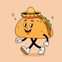 Taco mexican food retro cartoon character illustration. Groovy taco mascot. Cute vector Illustration