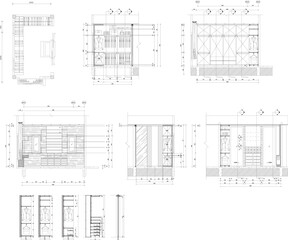 Interior Design Drawing of Walk-in Closet with Wardrobe Layout and Construction Section