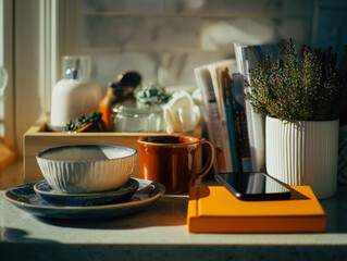 A smartphone rests quietly on a book beside everyday kitchen items, reflecting calm domestic life where technology fades into the background.