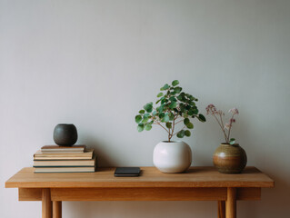 A smartphone rests quietly among books and plants on a wooden table, illustrating a calm, minimal home where technology blends into everyday space.