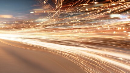 Light trails create dynamic patterns on a city street at night