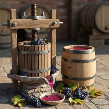 Rustic winemaking process utilizing an antique press in a vineyard setting for crafting vintage wine