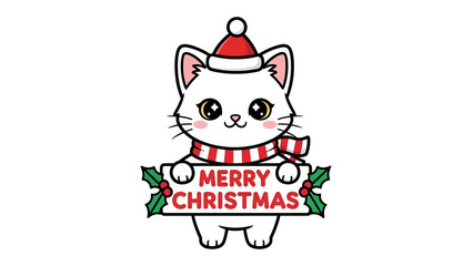 White cat with Santa hat holding Merry Christmas sign.