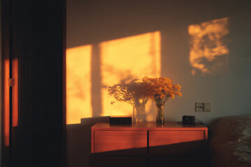 Warm sunlight fills a quiet home interior with an open doorway leading to a kitchen, expressing everyday stability, routine, and the calm presence of domestic life.