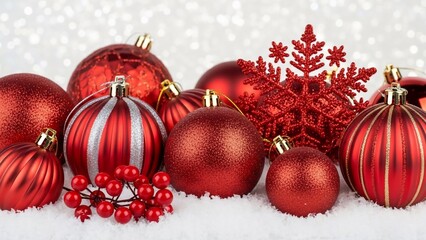 Red Christmas Ornaments and Decorations on Snow.