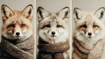 Three adorable foxes wearing cozy scarves, facing forward with calm expressions.